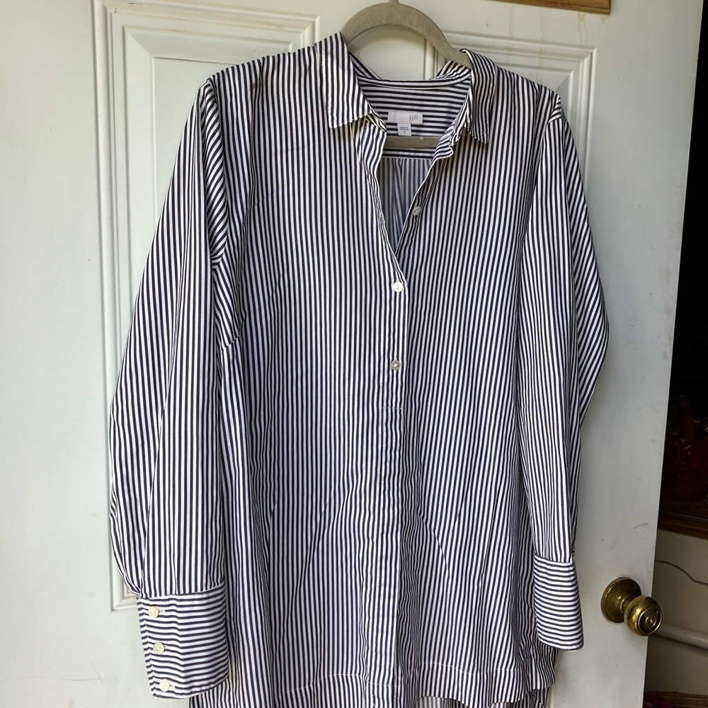 J.Jill Black & White Striped Blouse Top oversizedl Bust 48” sized L could fit XL